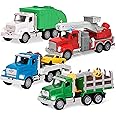 Driven by Battat - 4-Piece Toy Truck Set with Lights & Sounds - Interactive Vehicle Collection with Fire, Tow, Garbage & Log Trucks - Kids Toys with LED Lights, Ages 3+