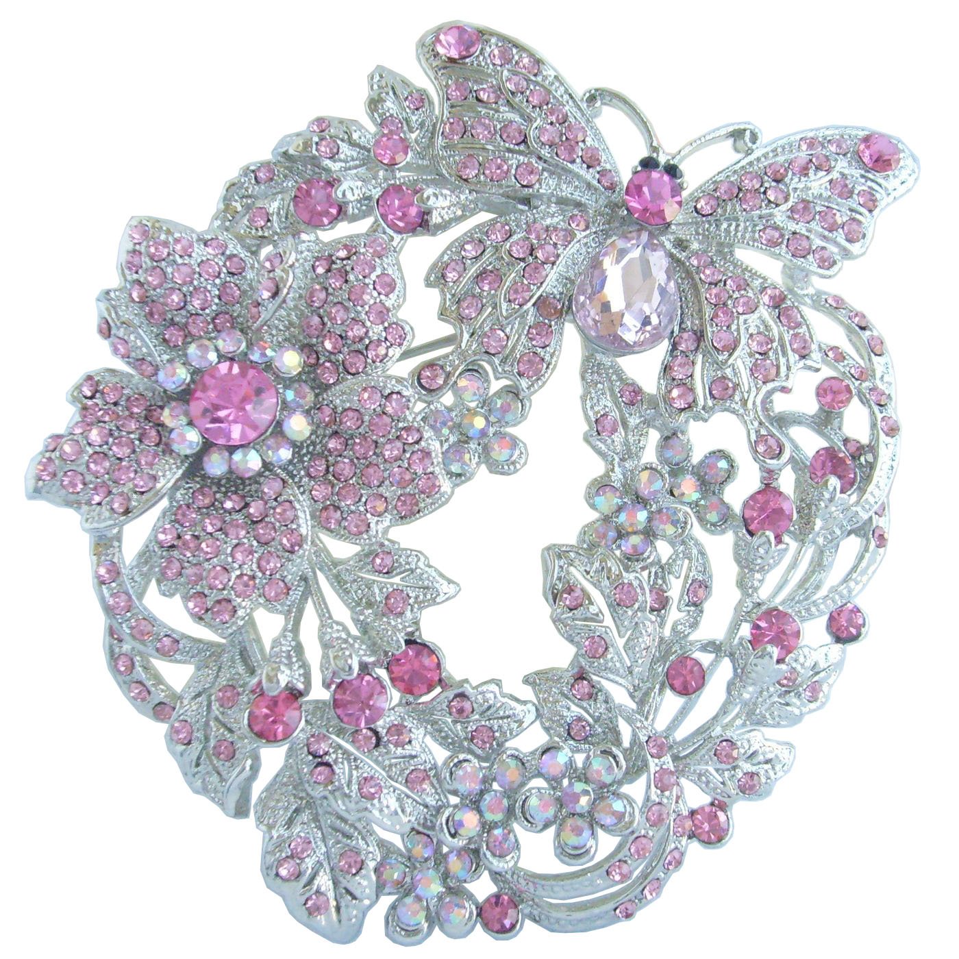 Sindary 3.54" Charming Animal Insect Butterfly Brooch Pin Austrian Crystal UKB4489 (Silver-Tone Pink)