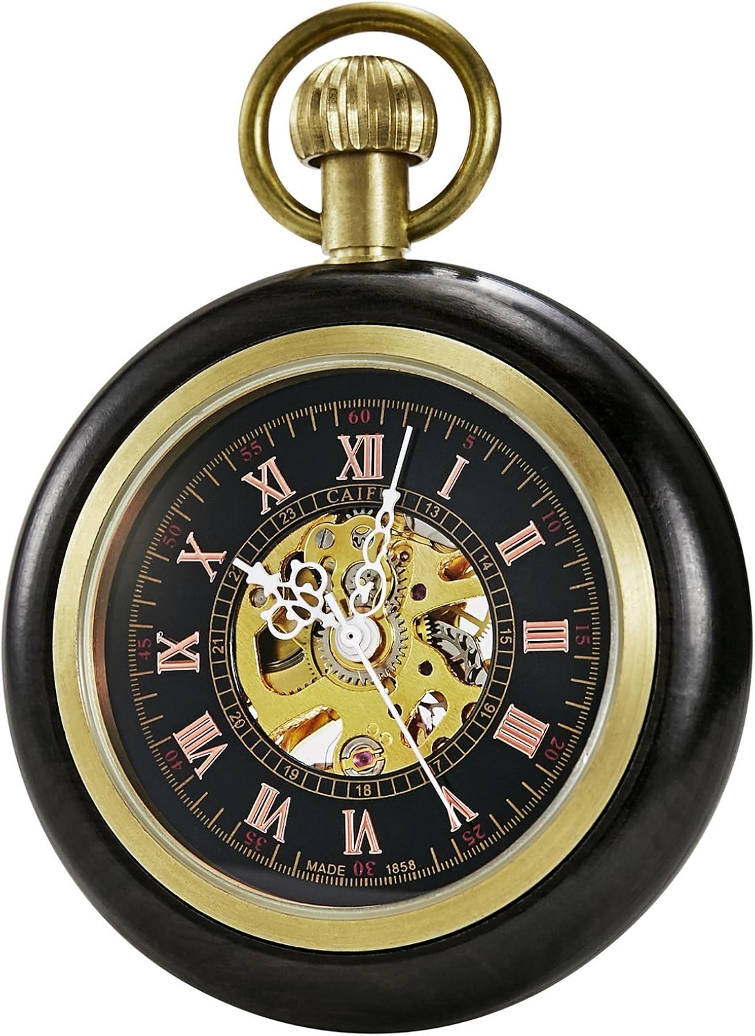 TREEWETO Black Wooden Mechanical Roman Numerals Pocket Watch Open Face Fob Watch for Men Women - Image 3