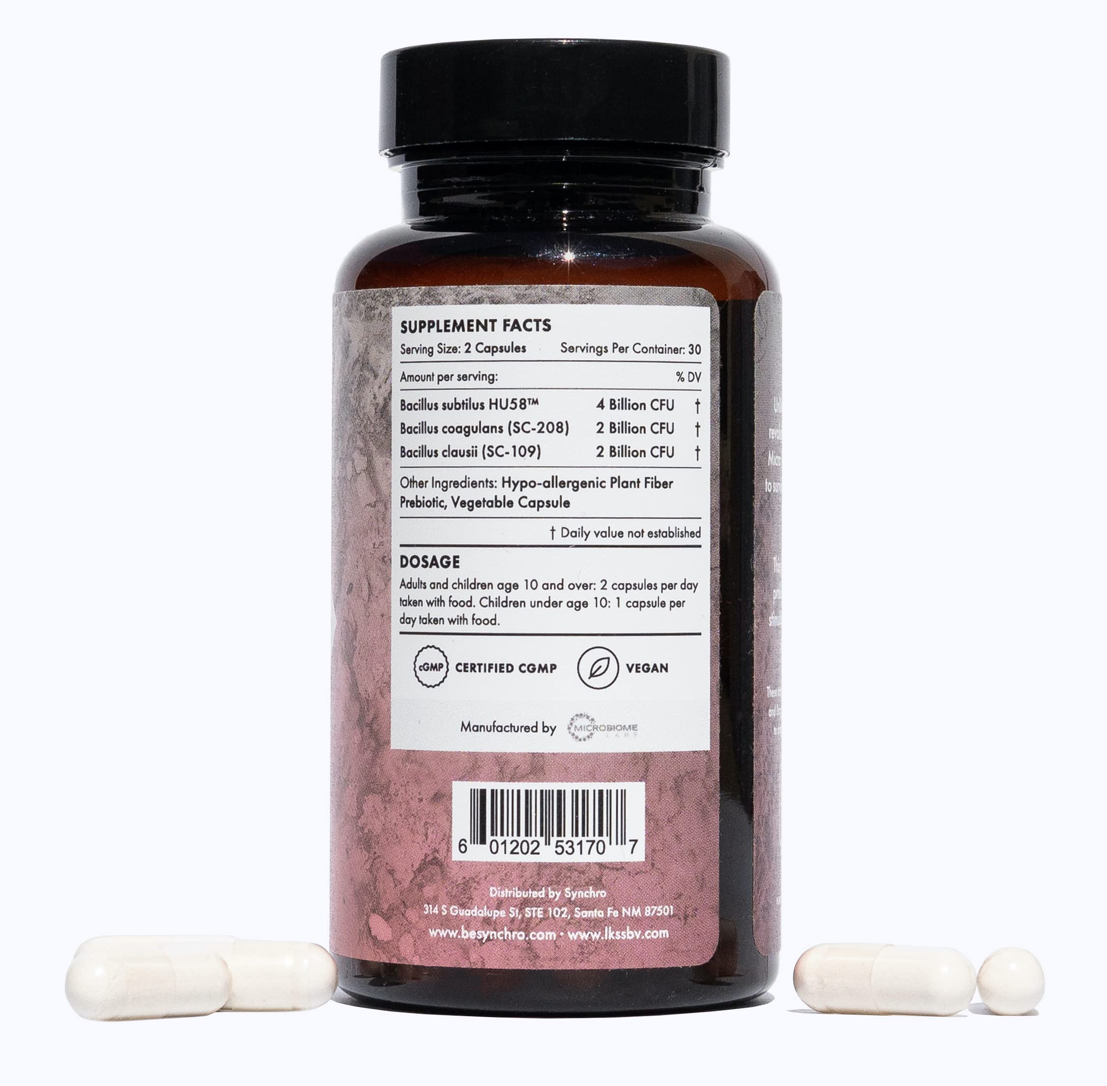 Synchro Micro•Bios - Medical-Grade Spore-Form Probiotic - Bacillus Subtilus (HU58), Coagulans and Clausii - Powerful Immune Health + GI Support - 60 Capsules