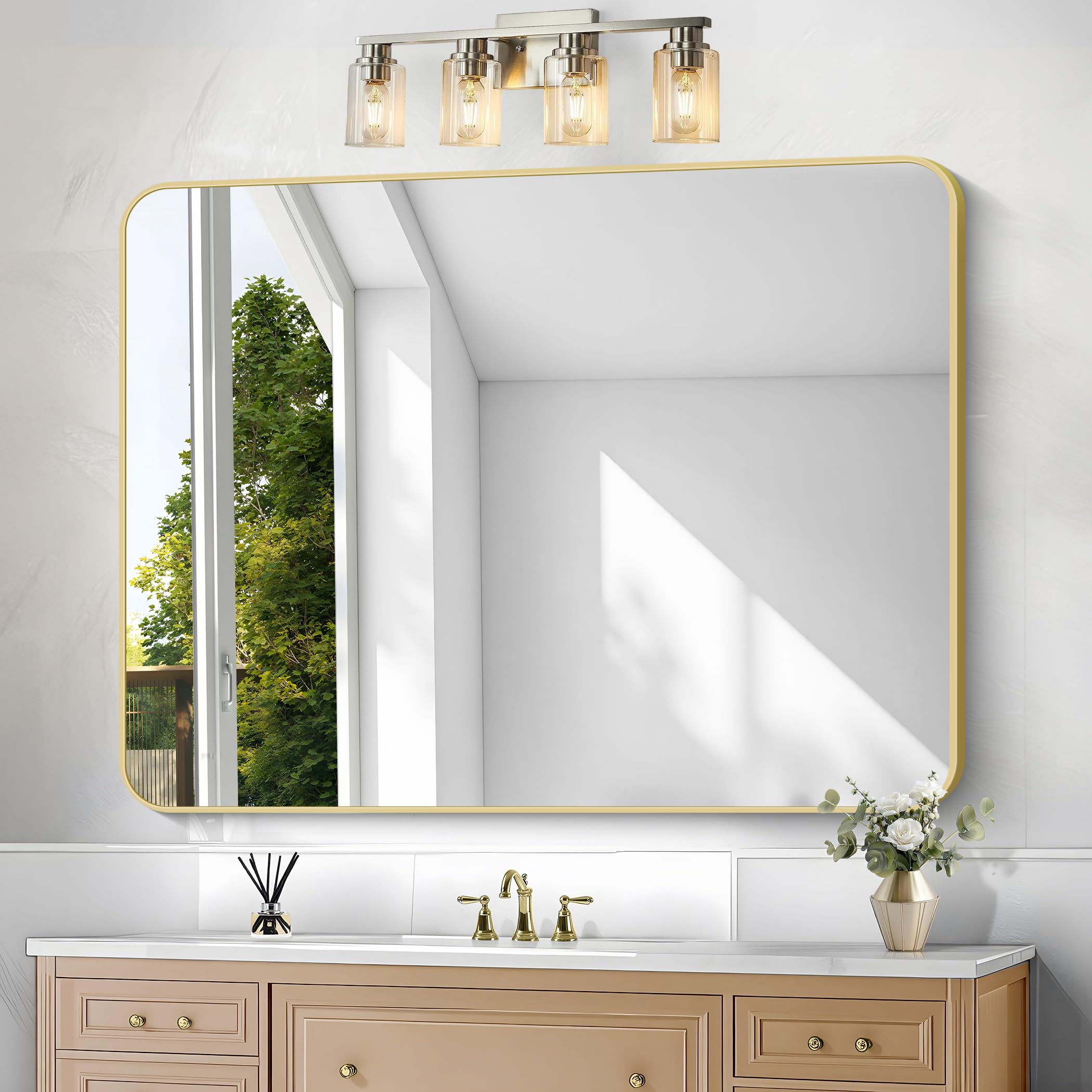 Photo 1 of BONEWEI Gold Bathroom Mirror,36x48 inch Wall Mirror for Bathroom Wall Mounted,Round Rectangle Mirror for Bathroom Over Sink,Modern Frame for Home Decor Living Room,Bedroom Entryway,Horizontal/Vertical