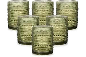 ZMOWIPDL Vintage Glassware Drinking Glasses Set of 6,12 oz Hobnail Glass Cups,Embossed Green Water Tumbler,for Beer,Cocktail,Whiskey,Juice and Various Mixed Drinks- 1 Cleaning Brush