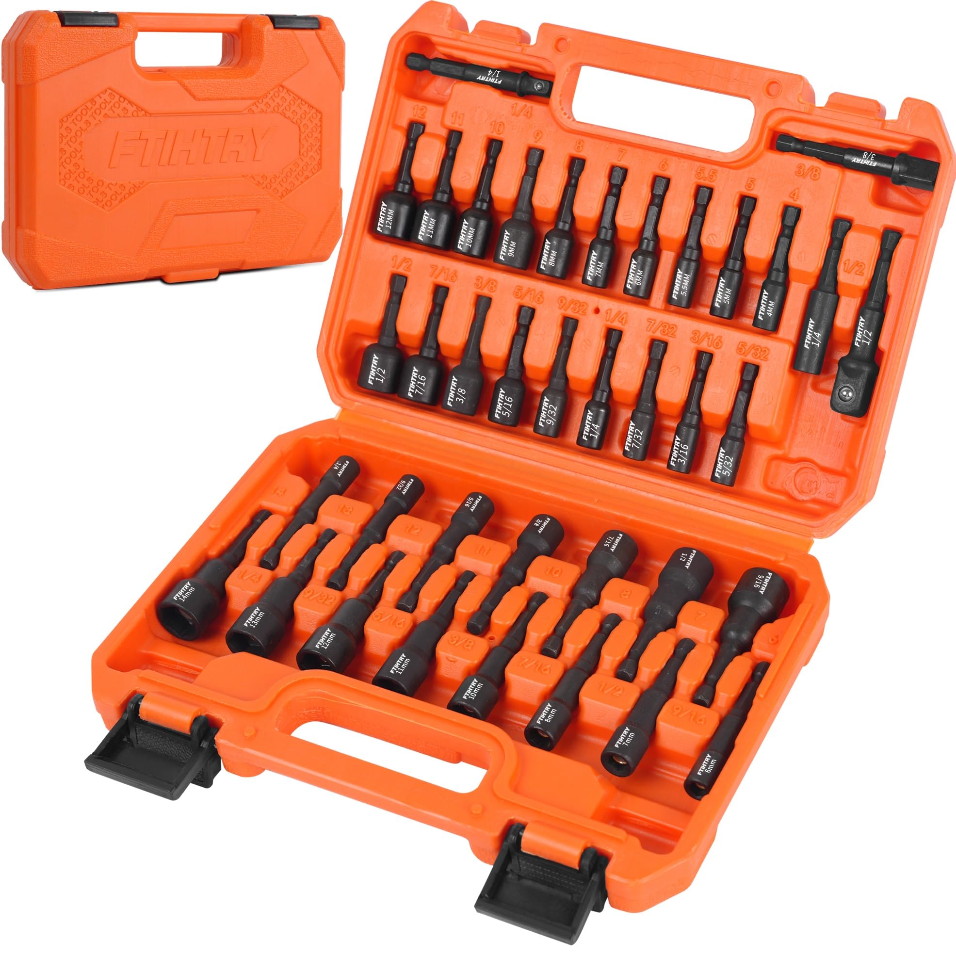Photo 1 of FTIHTRY 39Pcs Magnetic Nut Driver Set for Impact Drill, Metric & SAE Magnetic Impact Drill Driver Bit, 1/4" Hex Shank, Fully Magnetic Hex Nut Driver Drill Bit Master Kit