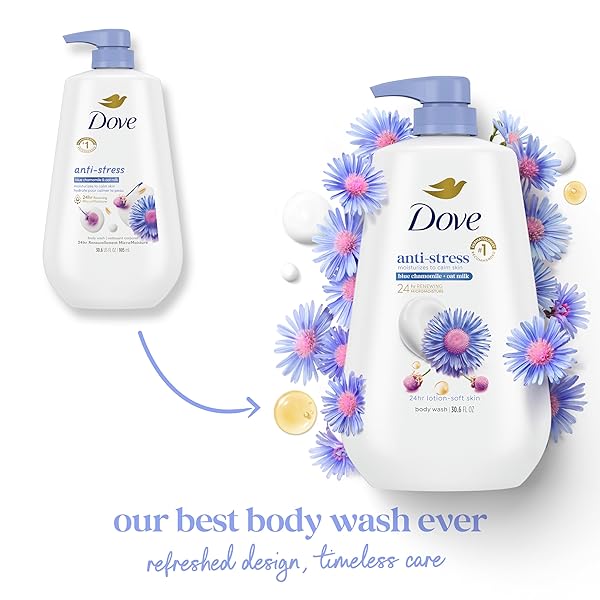 DOVE BODY WASH WITH PUMP ANTI-STRESS BLUE CHAMOMILE & OAT MILK, FOR 24HR LOTION-SOFT SKIN MOISTURIZING SKIN CLEANSER WITH NO SULFATES NO PARABENS 30.6 OZ