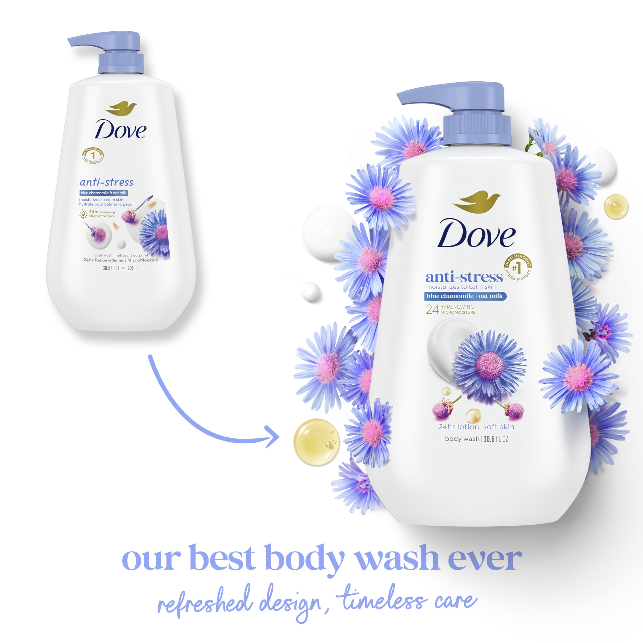 Dove Body Wash with Pump Anti-Stress Blue Chamomile & Oat Milk, for 24hr Lotion-Soft Skin Moisturizing Skin Cleanser with No Sulfates No Parabens 30.6 oz