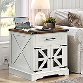 RALGEND White Farmhouse End Table with Charging Station, 24" Large Sofa Side Table with Drawer, Large End Tables for Living R