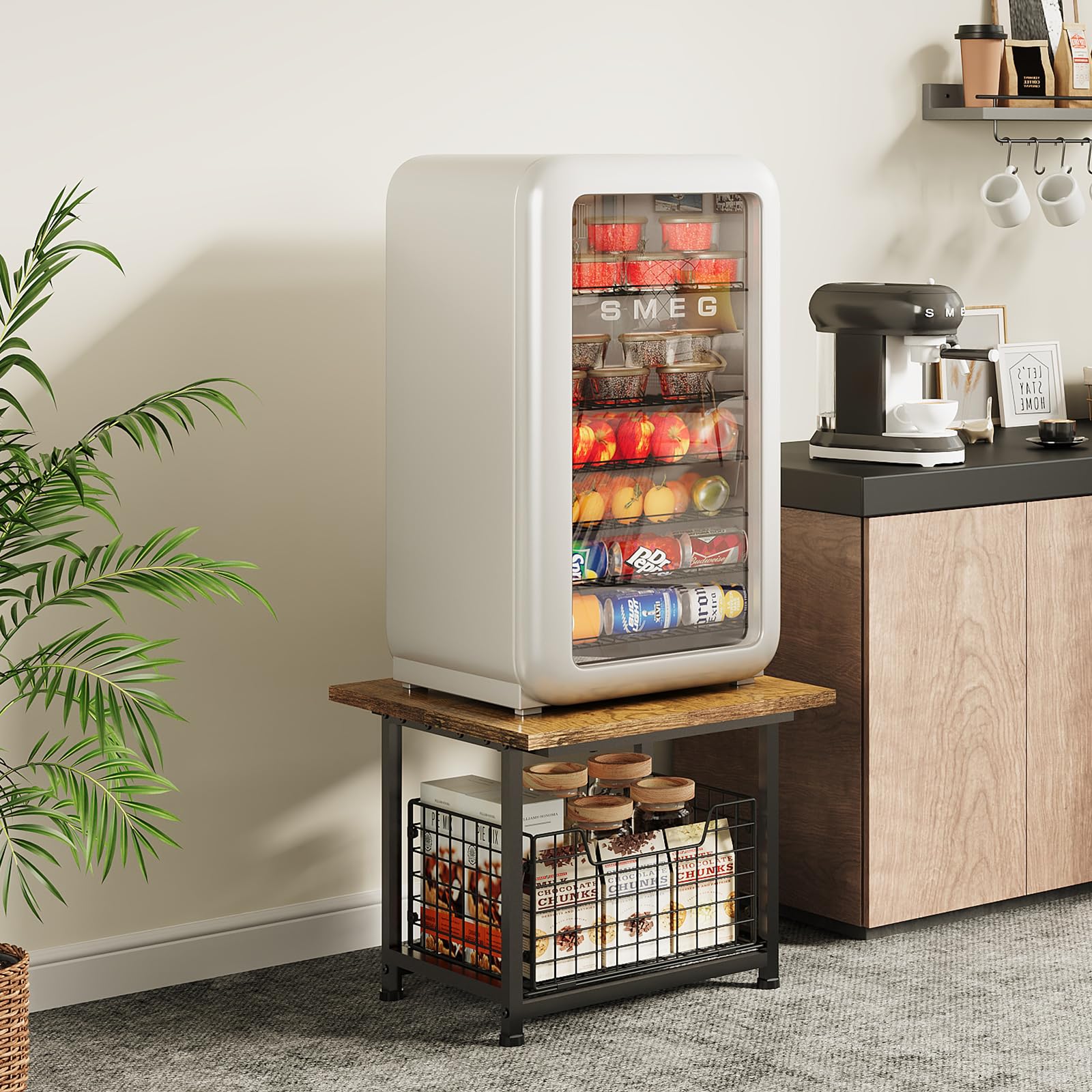Mini Fridge Stand with Storage, Small Refrigerator Stand with Wheels, Mini Fridge Cabinet-Max Load 300 LBS Heavy Microwave Printer Stand Mini Fridge Cart for Dorm, Apartment, Kitchen, Office (Brown)