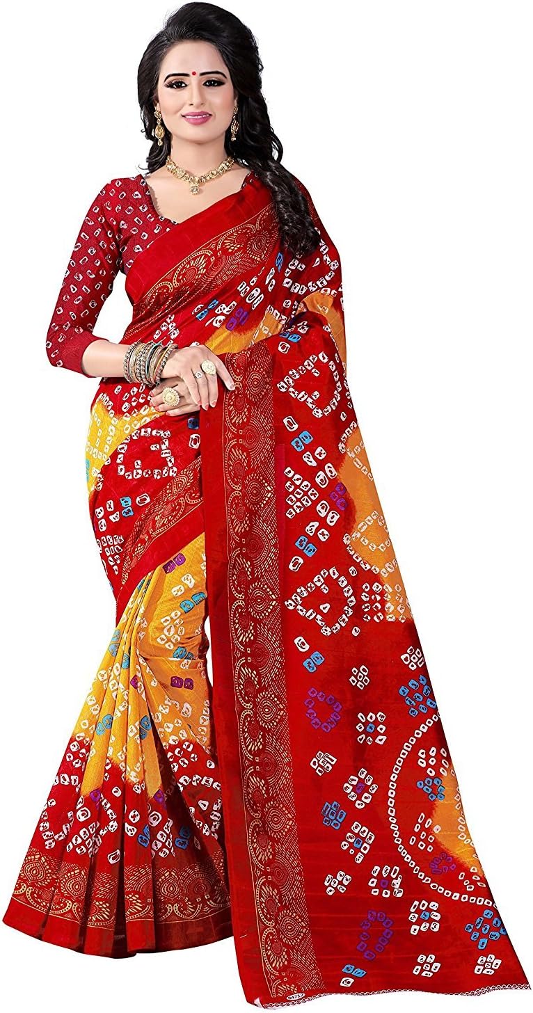 FabDiamond Women's Bandhani Cotton Saree with Blouse Piece (Red Orange)