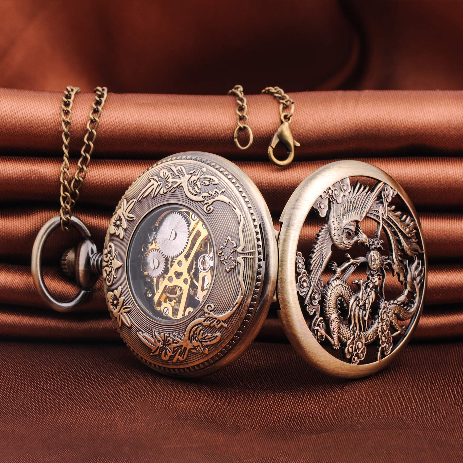 Infinite U Pocket Watch Dragon & Phoenix Vintage Mechanical Steampunk Skeleton Roman Numerals Fob Watch with Chain for Men Women