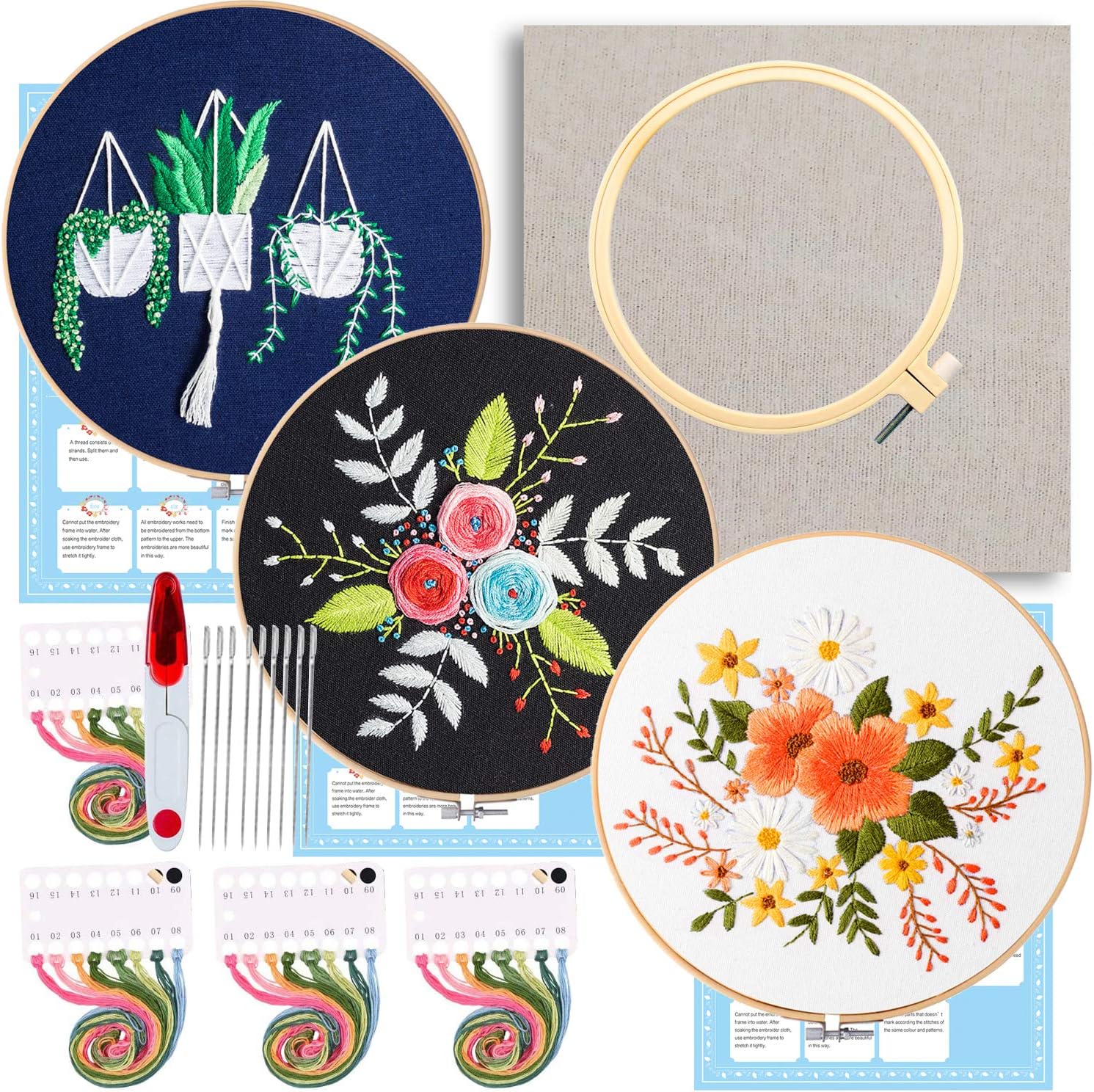 Full Range of Embroidery Starter Kit,5 Pieces Bamboo Embroidery Hoops,100 Color Embroidery Threads,Cross Stitch Tool Kit (Embroidery Starter Kit 2)