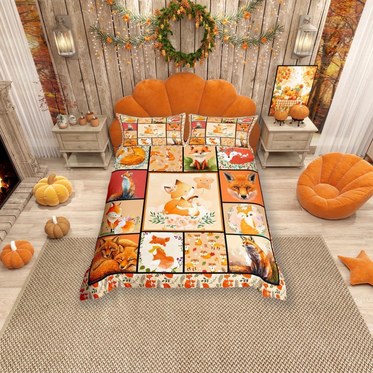 Cute Fox Duvet Cover King Size,Fox Print Patchwork Comforter Cover with 2 Pillowcase for Teens Adults,Kids Lovely Animals Bedding Set,Orange Fox Grid Breathable 3 Pieces Decorative Bed Cover