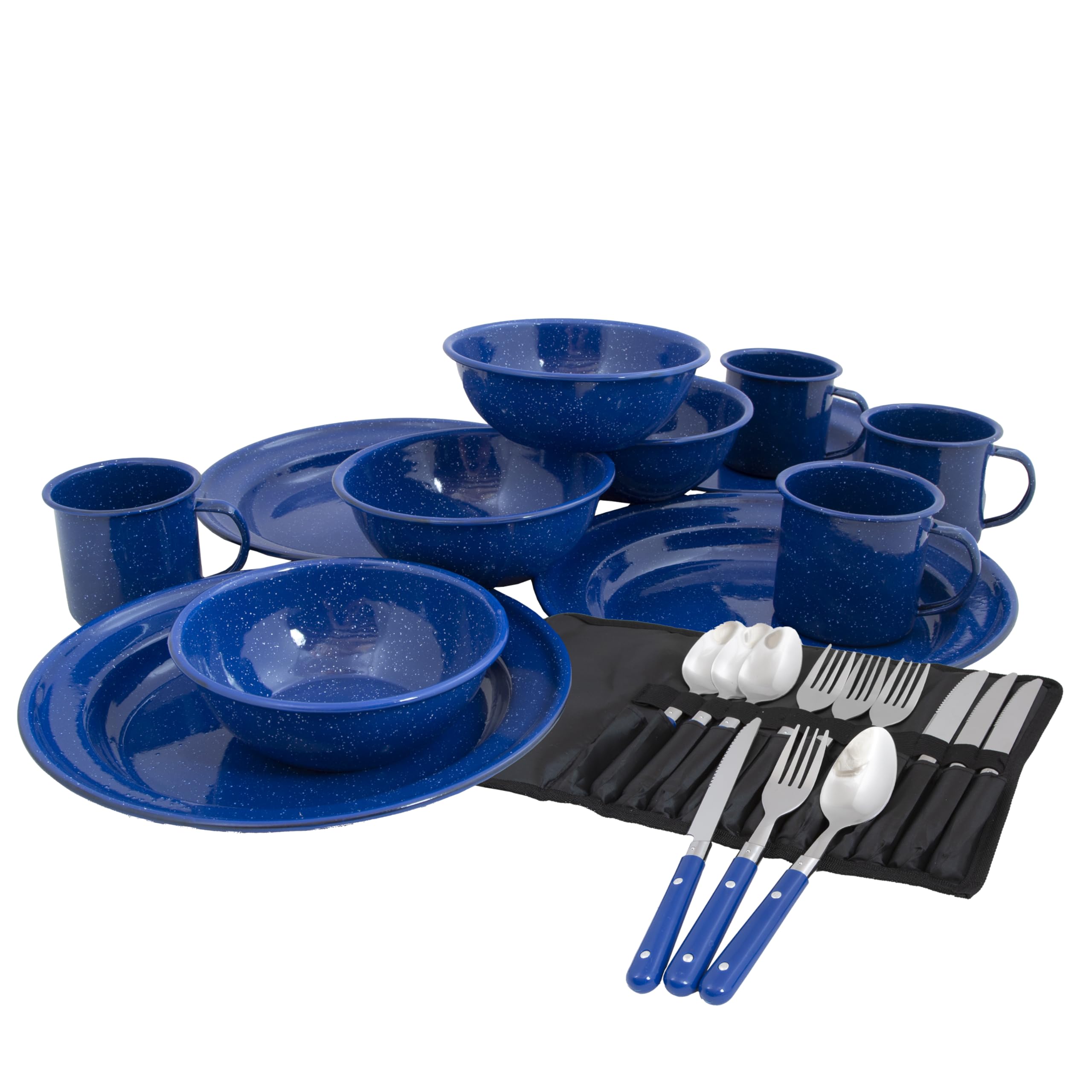 Photo 1 of Alpine Mountain Gear 4-Person Blue Enamel Coated Steel Dining Set - Camping Gear Essentials with 4 Mugs, 4 Bowls, 4 Plates & Cutlery