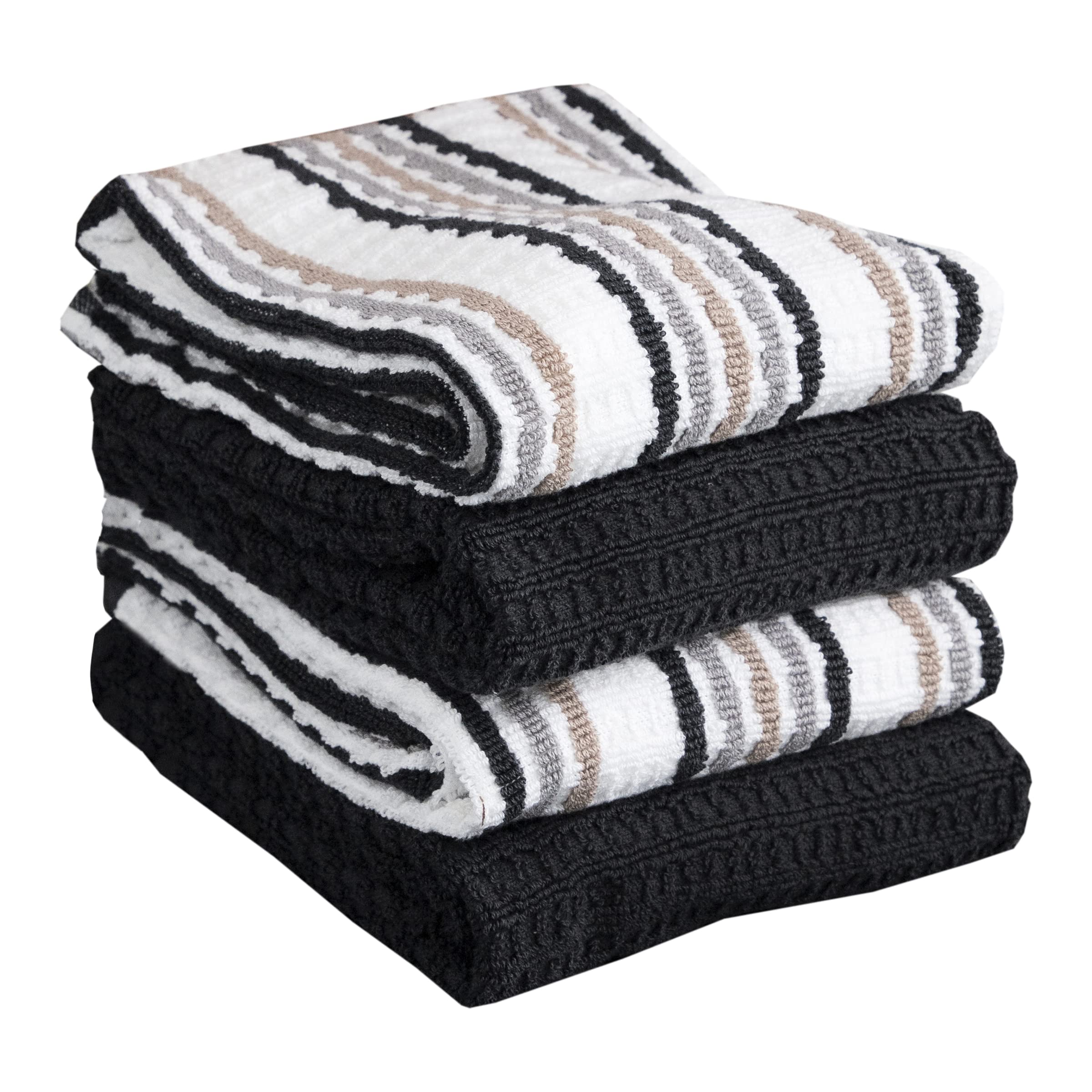 T-FAL 68599 Solid & Stripes Waffle Terry Kitchen Towel Set, Cotton, Neutral/Charcoal