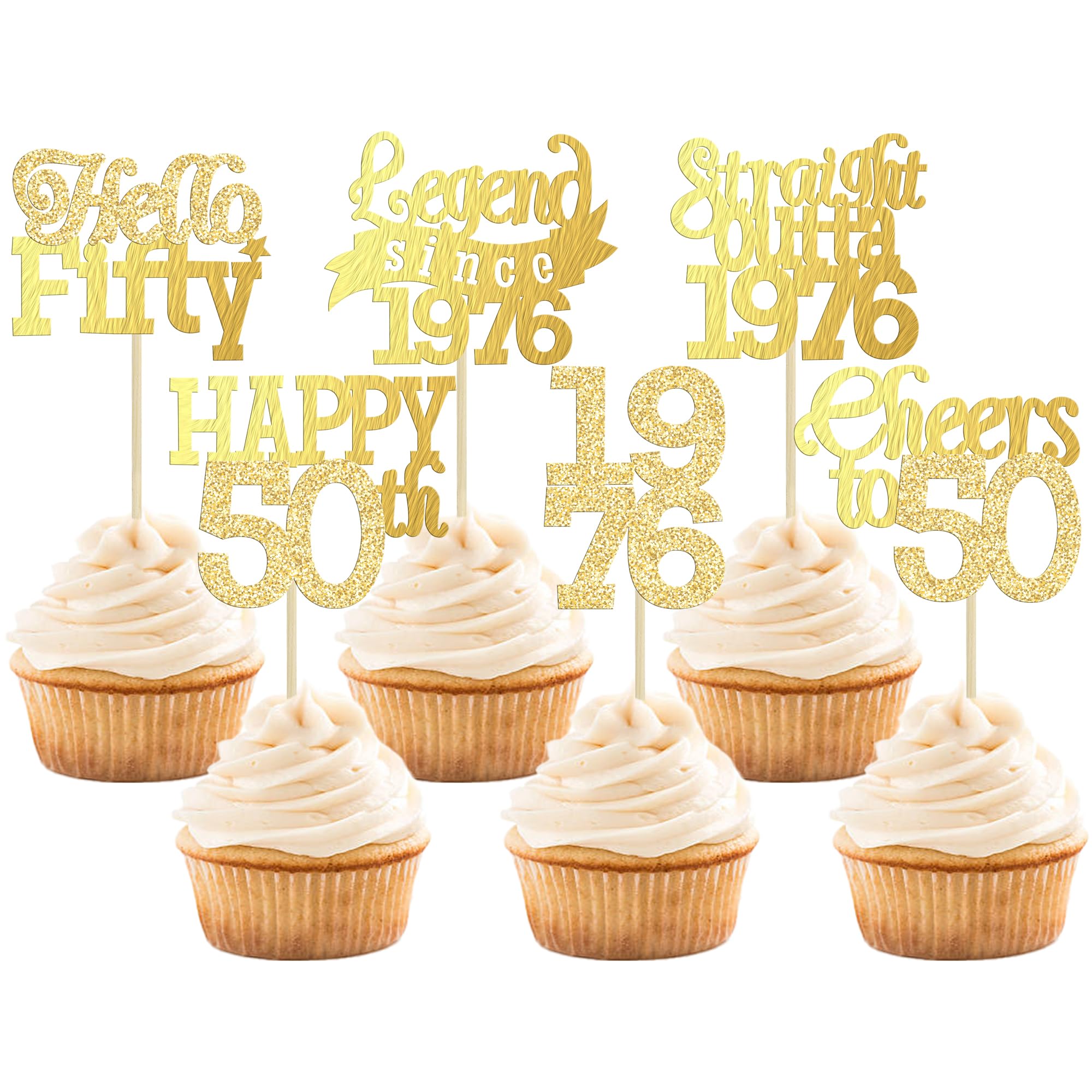 Gyufise 24Pcs Happy 50th Birthday Cupcake Toppers Hello Fifty Legend Since 1976 Cupcake Picks Cheers to 50 Years Cake Decorations for 50th Birthday Anniversary Party Supplies Gold