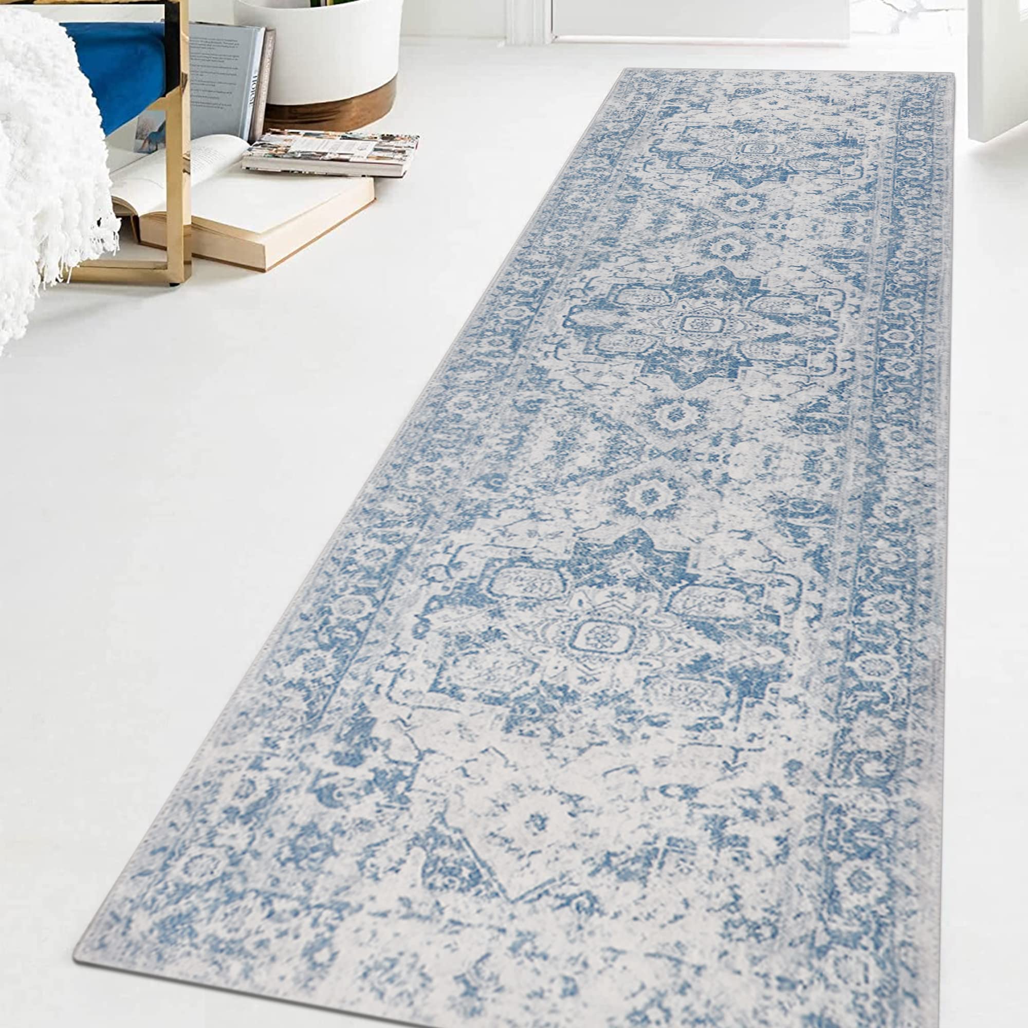 Famibay Hallway Runner Non Slip Runner Rugs for Hallway 65x220cm Long Washable Blue Vintage Kitchen Hall Carpet Floor Rugs for Entryways Bedroom Laundry