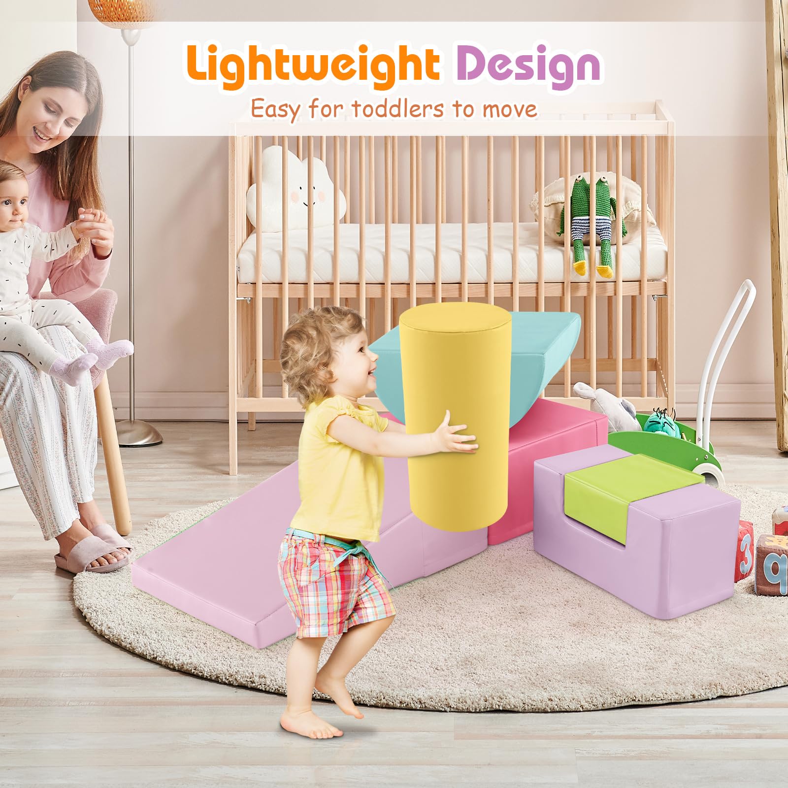 Costzon Toddler Climbing, 6 Pieces Climb and Crawl Playset with PU Cover for Baby Crawling, Climbing & Walking, Indoor Foam Climbing Blocks for Toddlers 1-3, Light Pink