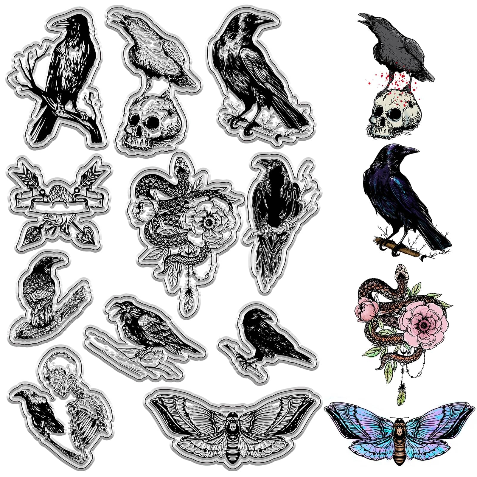 CRASPIRE Crow Clear Stamps Skull Pumpkin Skeleton Moths Snake flowers Halloween Raven Transparent Silicone Stamp Seals for DIY Scrapbooking Handmade Photo Album Journaling Card Making Notebook Decor
