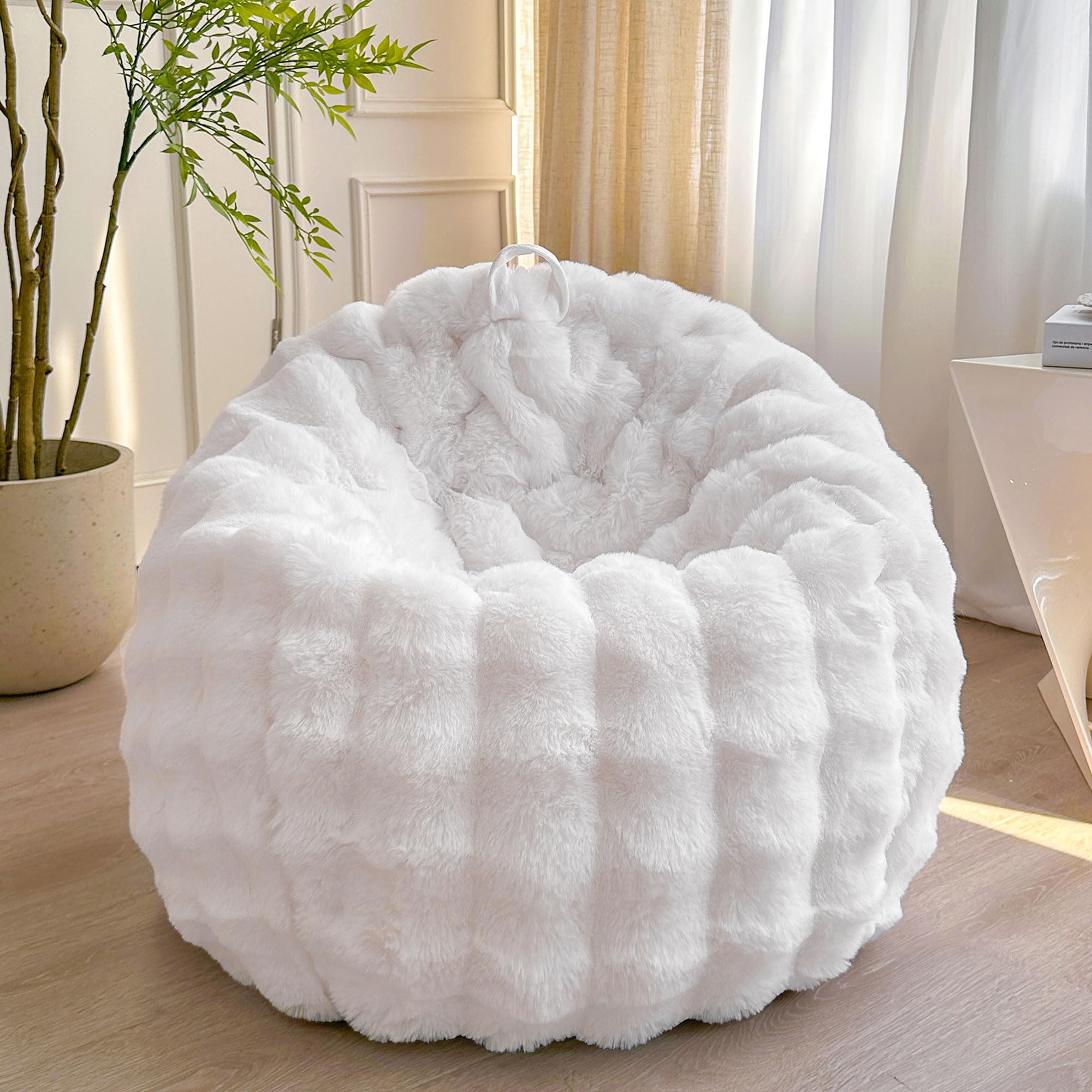 Photo 1 of LIFEREVO Kids Fluffy Faux Rabbit Fur Bean Bag Chair Cover (No Filler), Soft Luxury Fuzzy Stuffed Animal Storage Bubble Bean Bag Home Decoration, Comfy Shaggy Furry Beanbag Cover Kids Adults, White