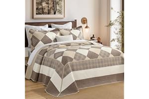 DDUOXIN 3 Piece King Bedspread 120"x120" - 100% Cotton Oversized King Quilt with 2 Pillow Shams, Farmhouse Lightweight Bedspreads Coverlet Sets for King Bed, Brown Beige Khaki, King