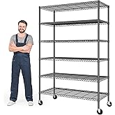 Romorgniz 82" H X45 W X18 D Storage Shelves with Wheels, 6 Tier Wire Shelving Adjustable Metal Shelving Pantry Shelves Capacity 1200LBS for Garage Shelving, Pantry, Kitchen, Closet, Commercial, Black