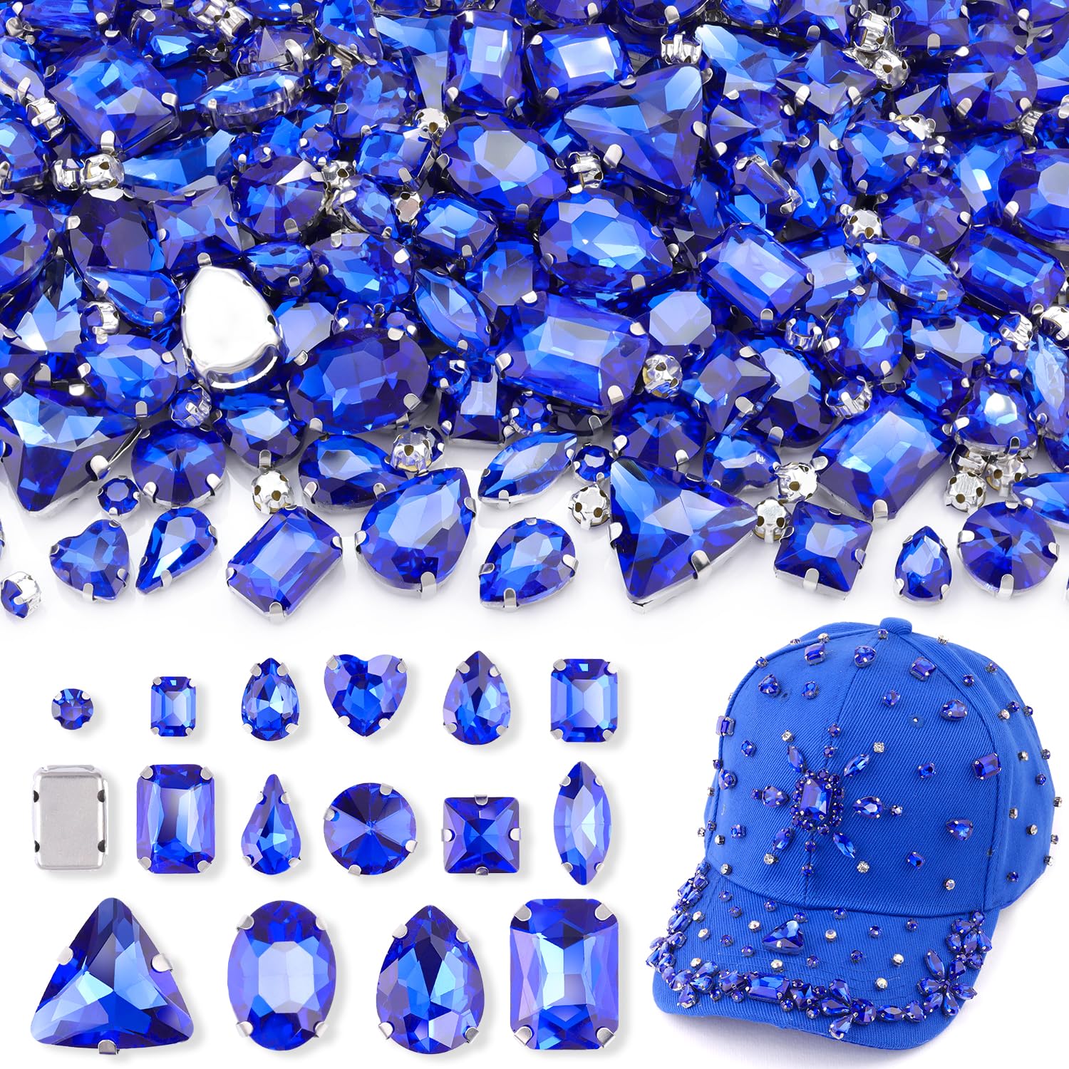 Photo 1 of 120 PCS Blue Bedazzling Sew on Rhinestones, Mixed Shape Charms Claw Flatback Glass Rhinestone with Metal Base for Crafting, Sapphire Large Gems for Clothes Shoes Hats Collars Bags & Sewing Accessories