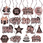 16PCS 30th Birthday Party Decorations, Rose Gold and Black Hanging Swirls Set, Vintage 1996 Cutouts, 16 Pieces with Birthday Hat, Gift Box, Balloon Designs