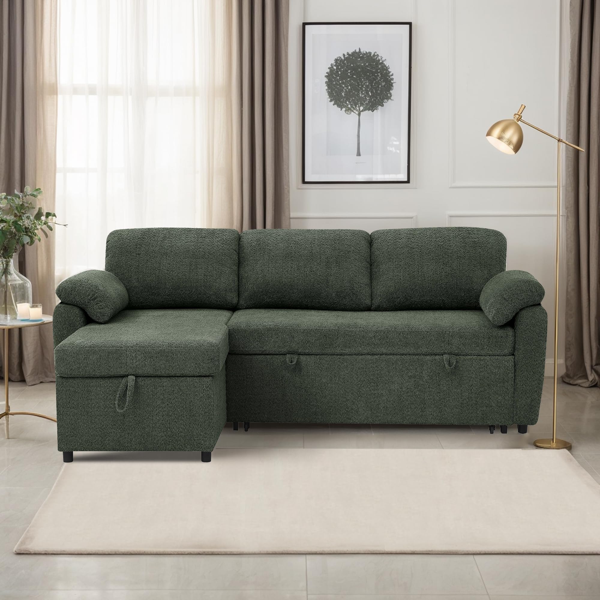 Photo 1 of **SELLING FOR PARTS AS PARTIAL SET// ONE BOX OF TWO**86-inch Pull Out Sleeper Couch Bed, L-Shaped Reversible Sleeper Sectional Sofa Chenille Tufted Upholstered Convertible Sofa Bed with Storage Chaise and Pillow Armrests for Home Apartment Living Room