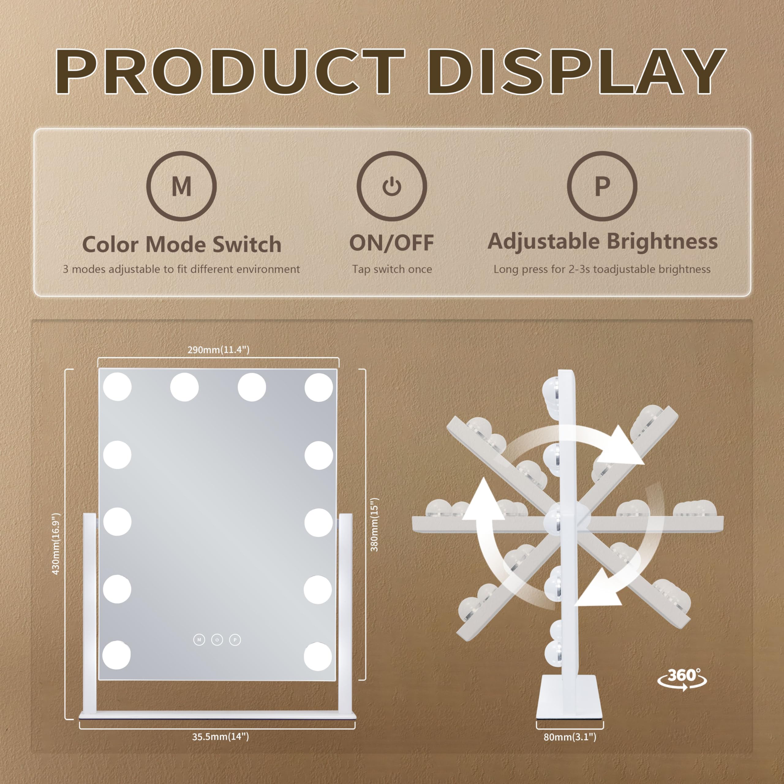 NUSVAN Vanity Makeup Mirror with Lights,3 Color Lighting Modes Detachable 10X Magnification Mirror Touch Control,360°Rotation, White (14.6Inch)