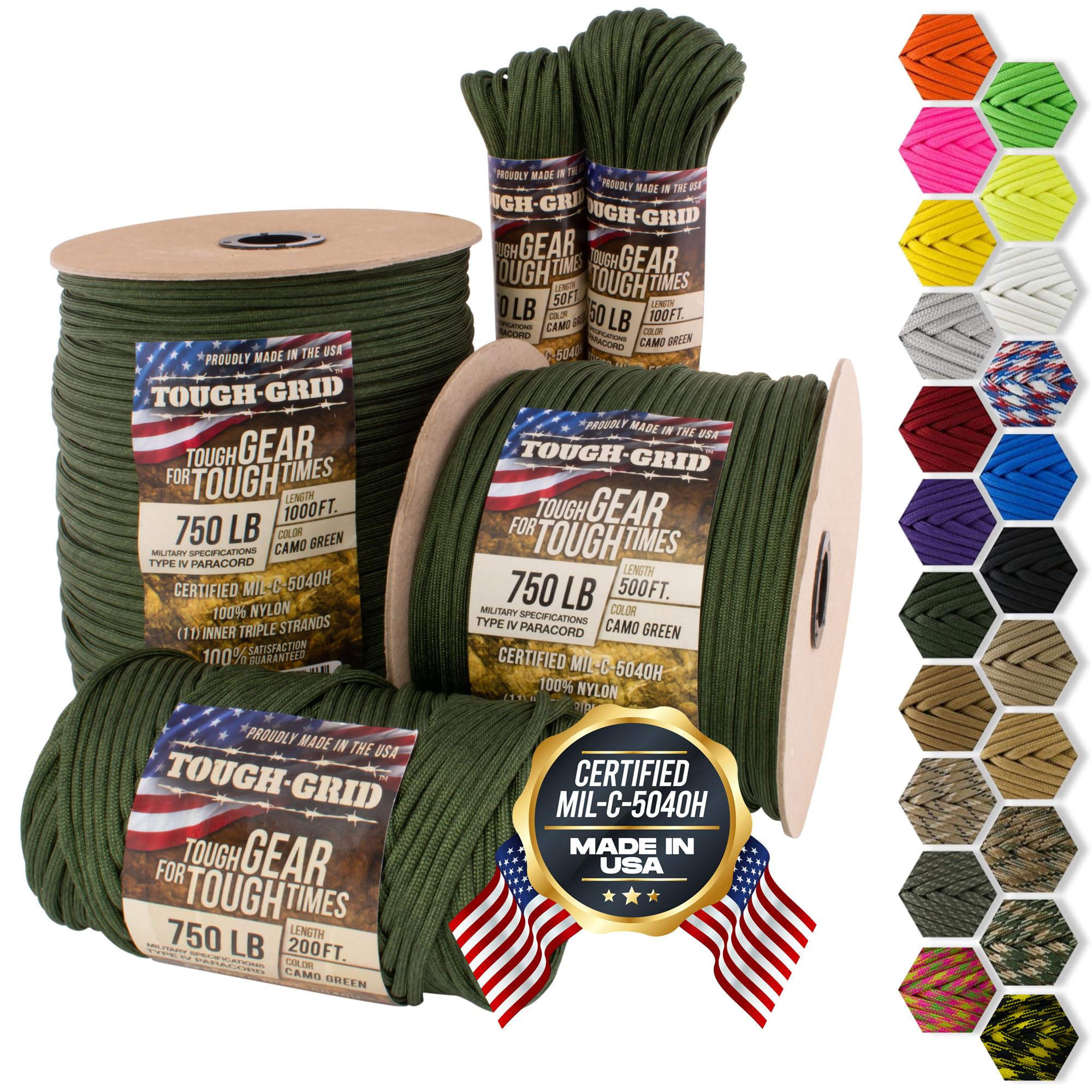 TOUGH-GRID PC50 750lb Paracord - 100% Nylon Military Specifications Type IV - For Military, Camping, Hammocks, Emergencies - Camo Green