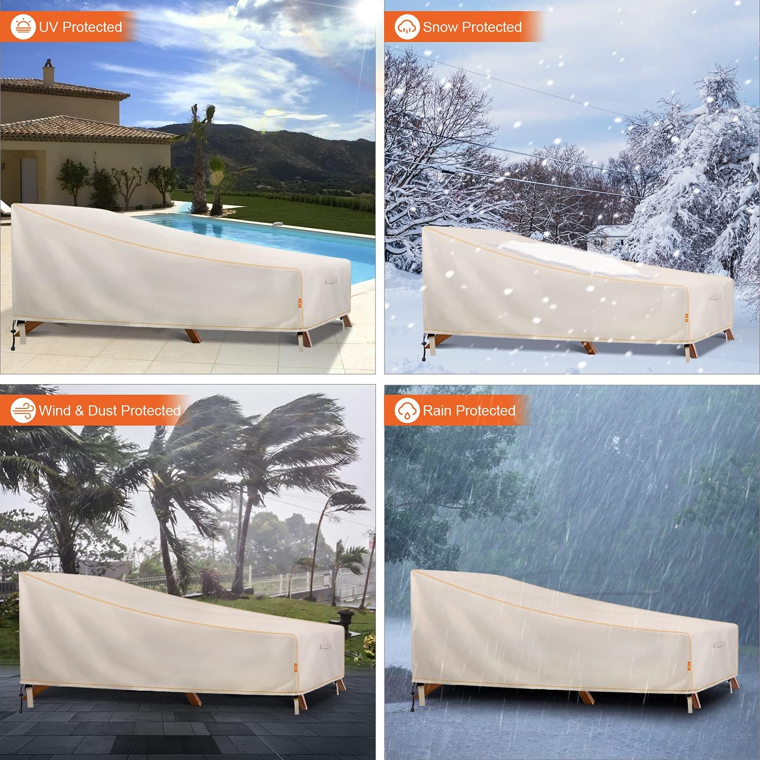 ZEJUN Patio Chaise Lounge Cover Waterproof, 2 Pack 84 inch Heavy Duty Outdoor Lounge Chair Covers, 600D Durable Patio Furniture Cover for Beach Pool Chair , Anti-UV & Windproof, 84" L x 32" W x 32" H: Kitchen & Dining