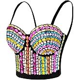 atokiss Women's Sexy Multicolored Rhinestone Bustier Crop Top Club Party Crystal Gemstone Corset Top Bra