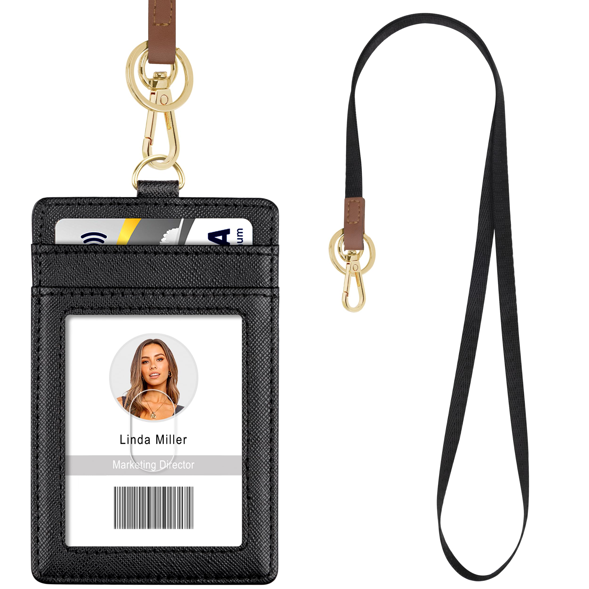 Azrra Lanyards for id ID Badges, Lanyard with 1 ID Holder and 4 Credit Card Slots, Vertical PU Leather Badge Holder with a Detachable Neck Strap, Black
