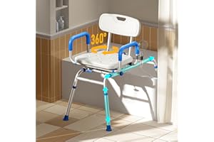 Bluelog Sliding Shower Chair with Extra-Wide 360° Swivel Seat, 330lbs Tub Transfer Bench, Non-Slip & Padded Arms, Adjustable Height for Elderly & Disabled Inside Shower, Rectangular
