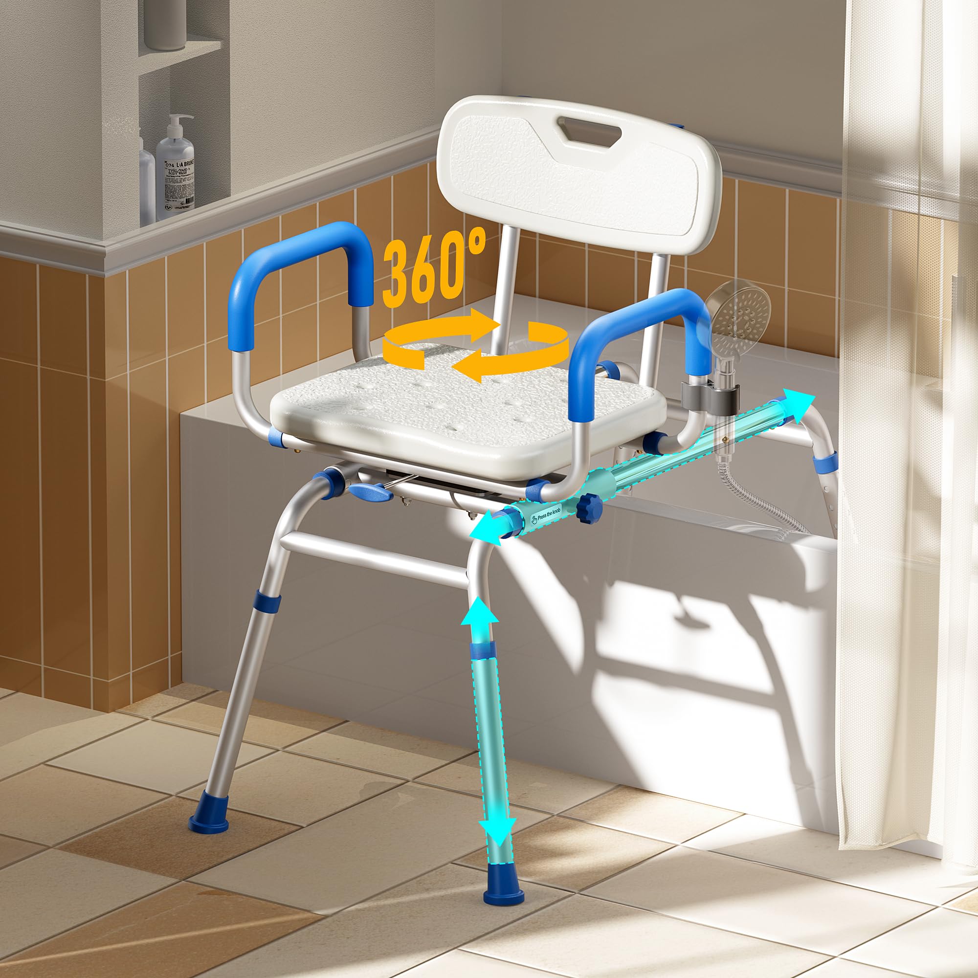 Photo 1 of Bluelog Sliding Shower Chair with Extra-Wide 360° Swivel Seat, 330lbs Tub Transfer Bench, Non-Slip & Padded Arms, Adjustable Height for Elderly & Disabled Inside Shower, Rectangular