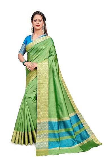 Divaastha Green Cotton Striped Saree with Blouse Piece (BHS95LWBGREEN)