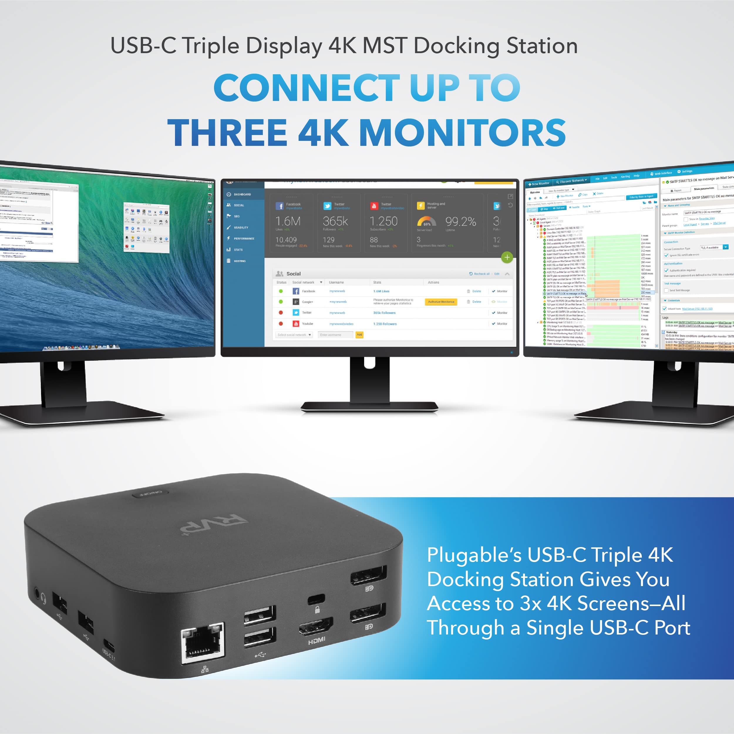 RVP+ USB C Docking Station 3 Monitors, 13-in-1, Triple Display-4K HDMI & DisplayPort Dual Monitors, 5Gbps USB-C/A Data Transfer, 100W Laptop-Charging, Gigabit Ethernet, Audio (RVP-082321)