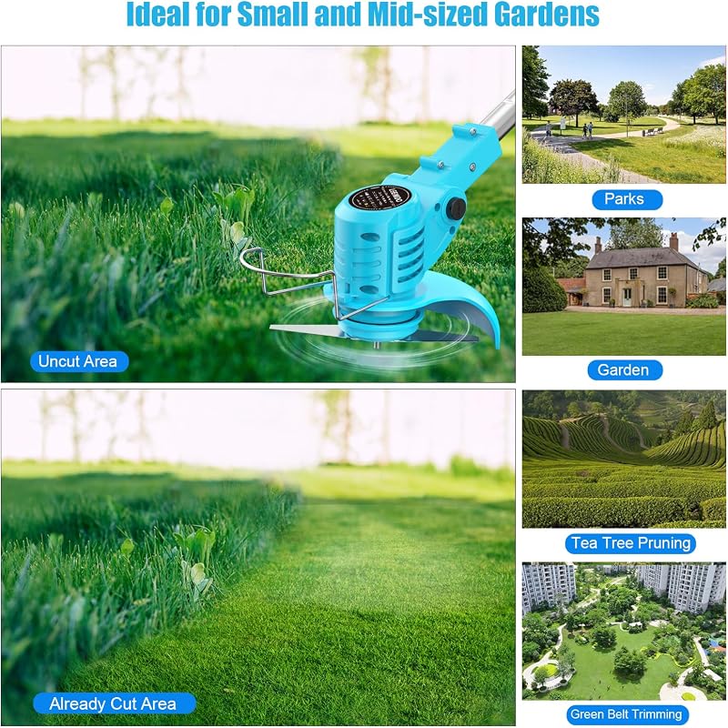 Desbrozadora Bateria 21V, Desbrozadora Electrica con 2 Baterías 2.0Ah, 2 Tipos de Metal Cuchillas Cortabordes Bateria, Tijeras de Podar, Desbrozadora Inalámbrica Cabeza Ajustable para Jardín (Azul)