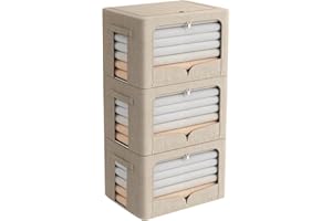 FHSQX 3 Pack Clothes Storage Bins Foldable Metal Frame Storage Box Stackable Linen Fabric Organizer Set with Carrying Handles and Clear Window (Beige, 15.7x11.8x11.8inch(36L))