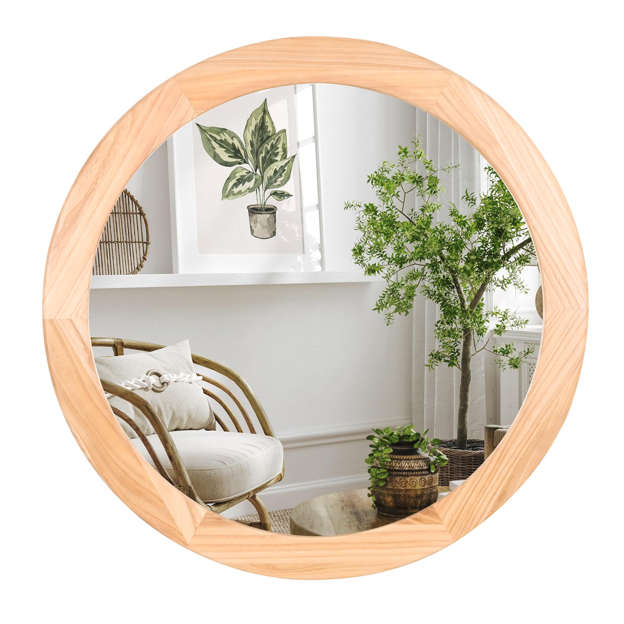 Photo 1 of CULER Round Mirrors 24 Inch,Wood Vanity Wall Rustic Mirror with Wood Frame, Natural Wooden Circle Tempered Glass Mirror for Bathroom Bedroom Living Room Or Entryway