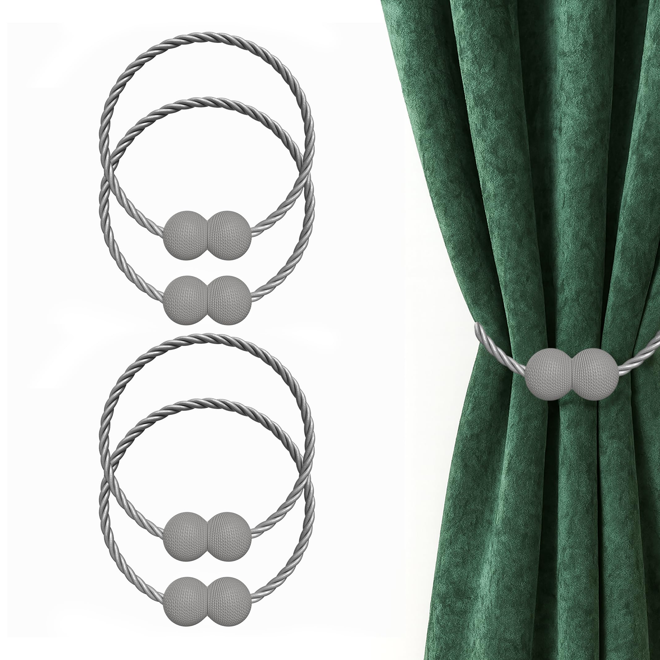 Hion Magnetic Curtain Tiebacks Grey 2pcs, Curtain Tiebacks Buckles Holdbacks Holders Hooks Clip for Home Bedroom Office Decorative Curtain