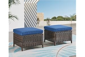 HUMMUH Outdoor Ottomans for Patio Set of 2 PE Wicker Steel Frame Outdoor Footstool for Patio, Backyard, Additional Seating, Side Tables with Removable Weather-Resistant Cushions