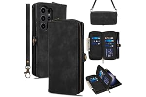 Rssviss Wallet Case for Samsung Galaxy S24 Ultra 5G Crossbody with Card Holder Wrist Strap, 《RFID Blocking》 Flip Zipper Case PU Leather, Purse Cover for Samsung S24 Ultra Men Women 6.8 inch Black