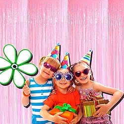 4 Pack Pink Foil Fringe Curtain Backdrop, 3.28Ft x
