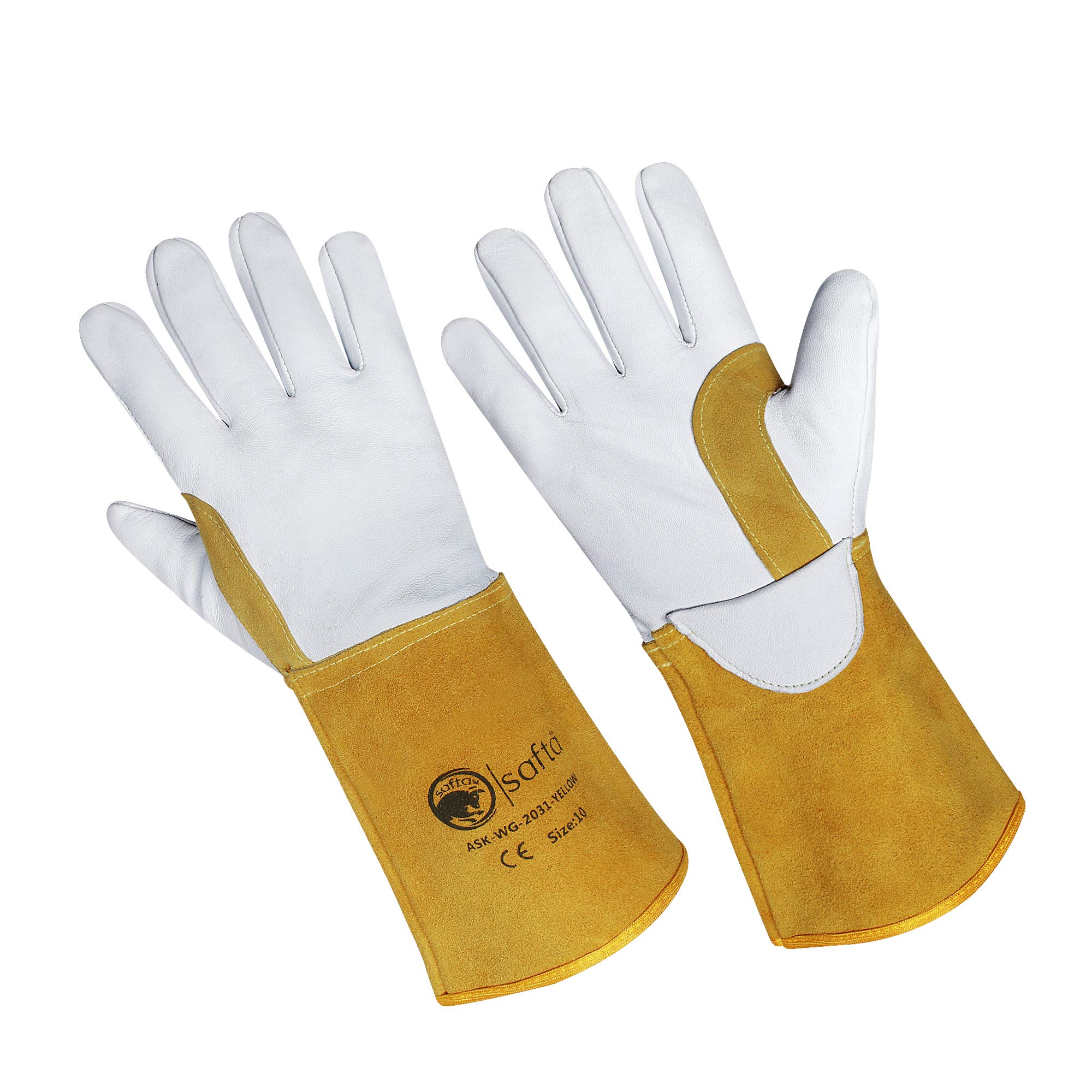 SAFTA Spark and Heat Proof Gloves, Sheep leather Palm & Top with Cow Split Leather Cuff, AZO free Ideal TIG Welding Gloves, Perfect for Gardening, Soldering, Metal Handling. (Size 10, Yellow)