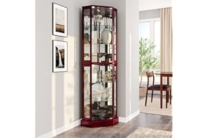 BELLEZE Lighted Corner Display Curio Cabinet Wooden Curved Shelving Unit with Tempered Glass Door, Bar and Liquor Storage Area with 6 Shelves - Ashfield (Cherry)
