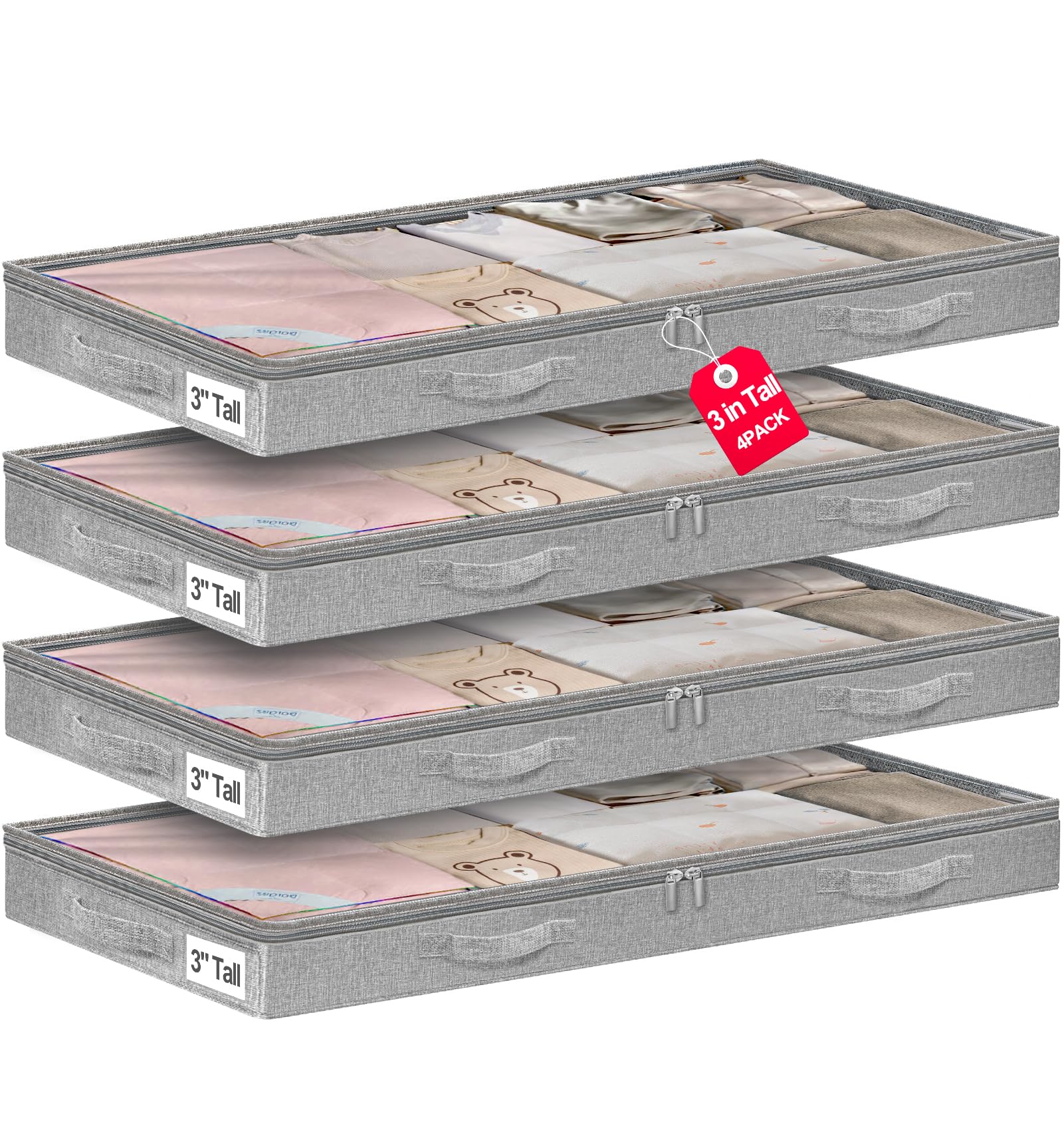 Photo 1 of punemi 3-Inch Low Profile Under Bed Storage Containers?No-Structure, Soft Foldable Zippered Underbed Cloth Blanket Storage bins — Fits Under Crib, Couch?Sofa or Dorm bed, 4-Pack, 20x40x3in