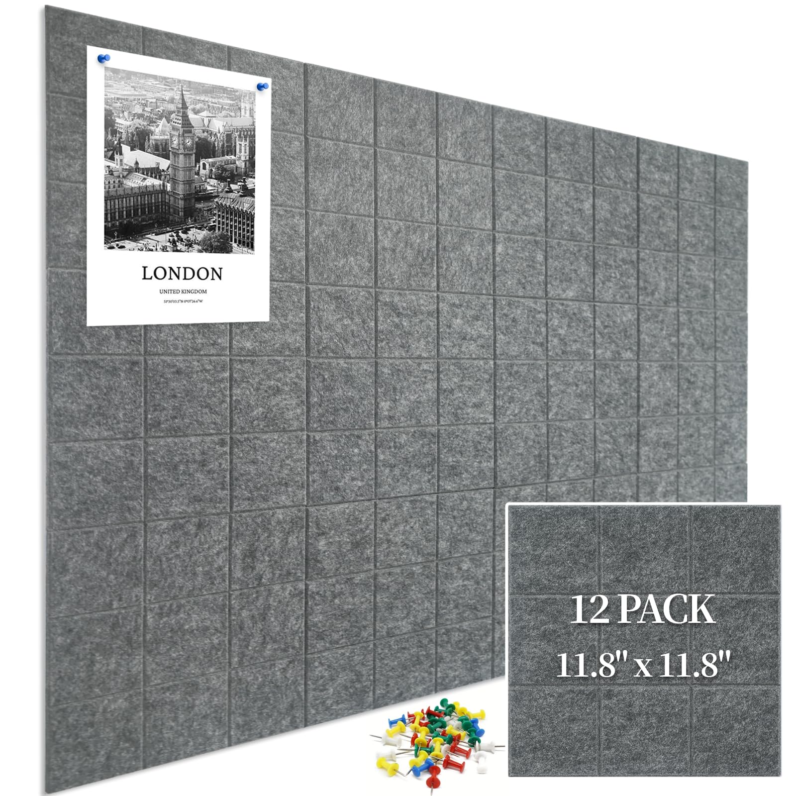 Photo 1 of 12 Pack Large Cork Board for Walls, 48" X 36" Felt Bulletin Board Tiles with 48 Safe Removable Adhesive Tabs & 60 Push Pin Board Decorative Cork Board Tack Board Wall Organizer for Office - Dark Grey