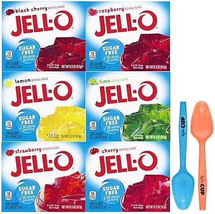 Amazon Com Jell O Sugar Free Gelatin 0 3 Ounce 6 Flavor Variety Pack With By The Cup Mood Spoons Grocery Gourmet Food