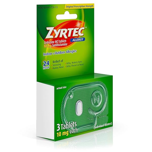 ZYRTEC 24 HOUR ALLERGY RELIEF TABLETS, ANTIHISTAMINE INDOOR & OUTDOOR ANTI ALLERGY MEDICINE + CETIRIZINE HCL, RELIEF FROM RUNNY NOSE, SNEEZING, & ITCHY EYES, SINGLE PACKS, 3 X 1 CT PACKETS
