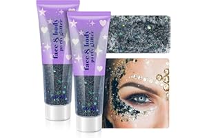 LINWULTE Body Glitter Gel Set, 2 Pcs Face Glitter Gel Makeup for Concerts, Holographic Long Lasting Chunky Sequins Glitters Gel for Eye Lip Hair Nails, Iridescent Chunky Glitter Gel for Festival Rave (Black)